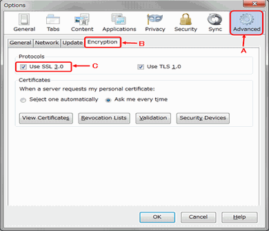 Select 'Advanced' in the sidebar and check the 'Use SSL 3.0' checkbox in the 'Encryption' section.