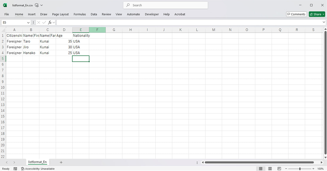 Example screen of information of each visitor in Excel